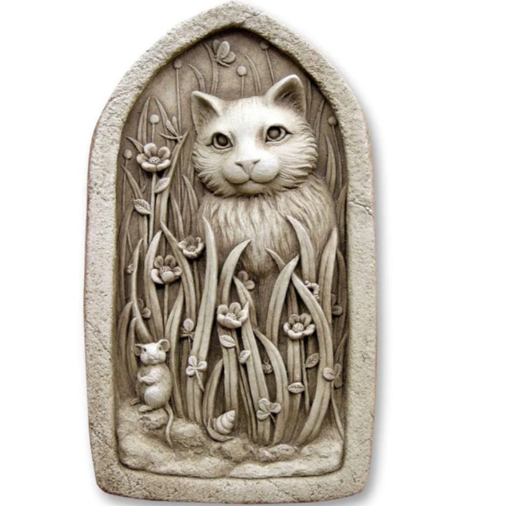 Carruth Studio Cat Backyard Explorer Stone Garden Plaque Hand Carved Sculpture